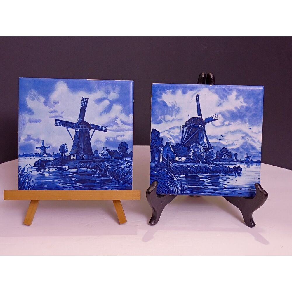 Vintage Dutch Style Tiles Feature Classic Delft Blue and White Windmill Scenes